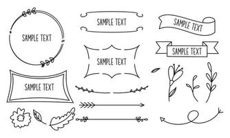 retro lijn tekening lijsten, linten, bloemen, decoraties en planten vector