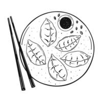 traditioneel Aziatisch knoedels. hand- getrokken schetsen met eetstokje en saus isolatie Aan wit achtergrond vector
