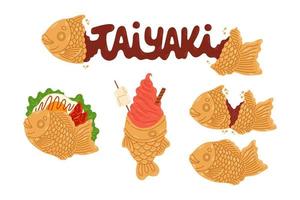 taiyaki Japans bakkerij set. visvormig taart met rood Boon vulling. Japans straat voedsel. tekenfilm vector illustratie.