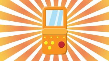 oud retro wijnoogst hipster handheld spel troosten met scherm en toetsen van jaren 70, jaren 80, 90s tegen de achtergrond van de oranje stralen van de zon. vector illustratie
