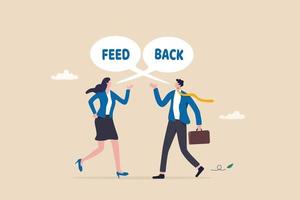 werknemer feedback, mening of collega stem voor verbetering, bericht discussie, vertellen of commentaar elk ander, beoordeling of recensie werkwijze, zakenman en vrouw vertellen terugkoppeling naar elk ander. vector
