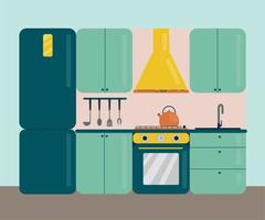 vector illustratie van een helder licht groen keuken met een geel kap, een kraan voor het wassen borden. met een Koken fornuis en een waterkoker staand Aan het. keuken gereedschap hangen Aan de muur.
