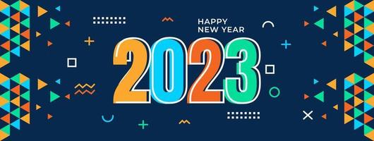 gelukkig nieuw jaar 2023 groet banier logo ontwerp illustratie, creatief en kleurrijk 2023 nieuw jaar vector typografie banier, met modern abstract meetkundig ontwerp en achtergrond in retro stijl