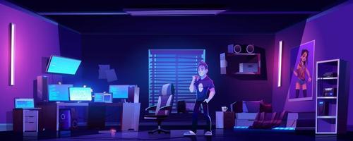 gamer slaapkamer met computers Bij nacht vector