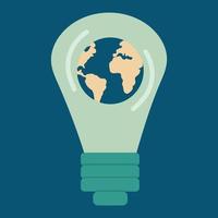 icoon, sticker, knop Aan de thema van besparing energie met lamp met aarde binnen Aan blauw achtergrond vector