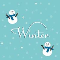 winter ansichtkaart met schattig sneeuwpoppen en tekst winter Aan blauw achtergrond met sneeuwvlokken. vector