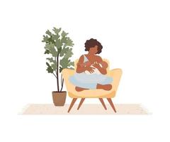 donker huid vrouw borstvoeding geeft pasgeboren baby. moeder zittend in fauteuil met kind. mam voeden zuigeling met moedermelk. vector illustratie geïsoleerd Aan wit achtergrond