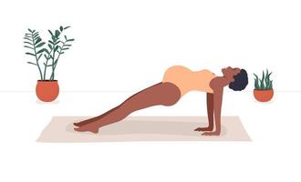 donker huid zwanger vrouw oefenen gedurende zwangerschap. mam met buik beoefenen prenataal yoga in omgekeerde plank houding. vector illustratie geïsoleerd Aan wit achtergrond