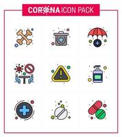 corona virus 2019 en 2020 epidemie 9 gevulde lijn vlak kleur icoon pak zo net zo lotion waarschuwing medisch merk op team virale coronavirus 2019november ziekte vector ontwerp elementen