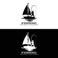 vissen logo pictogram vector, vang vis op de boot, outdoor zonsondergang silhouet ontwerp vector