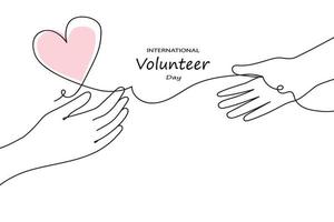 internationaal vrijwilliger dag bewustzijn. doorlopend lijn palmen houden harten.vector tekening illustratie voor banier, poster vector