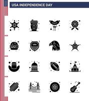 Verenigde Staten van Amerika gelukkig onafhankelijkheid dagpictogram reeks van 16 gemakkelijk solide glyphs van maaltijd hamburger voedsel Politie onderzoeken bewerkbare Verenigde Staten van Amerika dag vector ontwerp elementen