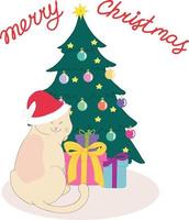 vrolijk Kerstmis groet kaart met een schattig kat in santa's hoed zittend in de buurt de Kerstmis boom met divers presenteert. hand- getrokken kunst. vector illustratie