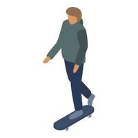 jongen rijden Aan skateboard icoon, isometrische stijl vector