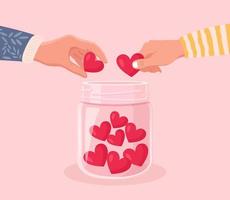vrijwilligers handen Holding hart symbool en zetten harten in een glas kan. geven en delen uw liefde, hoop, ondersteuning naar mensen. liefdadigheid, bijdrage en genereus sociaal gemeenschap vector
