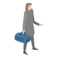 moslim dakloos vrouw met zak icoon, isometrische stijl vector