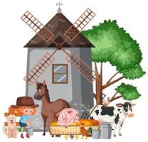 scène met farmgirl die veel dieren op de boerderij voedt vector