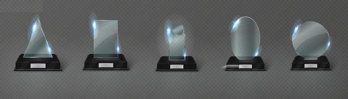 leeg glas trofee achtergrond. glanzend trofee voor prijs. realistisch leeg illustratie. zwart stand 3d. vector kristal trofee voor winnaar en prestaties. kop voor de kampioen.