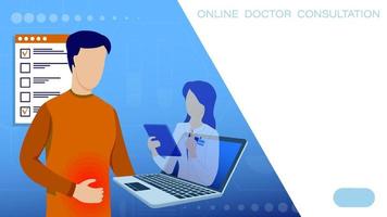 online dokter helpen. ziek Mens overlegt met dokter over behandeling. tele geneesmiddel. online overleg van geduldig met dokter via internet van laptop. vector