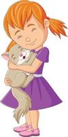 tekenfilm weinig meisje knuffelen haar kat vector
