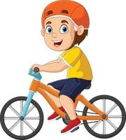 schattig weinig jongen tekenfilm rijden fiets vector