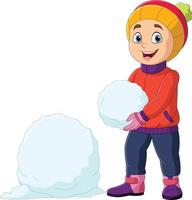 tekenfilm weinig jongen in winter kleren met sneeuwbal vector