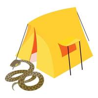 gemeenschappelijk anaconda icoon isometrische vector. reusachtig anaconda in de buurt geel camping tent vector