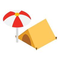 camping icoon isometrische vector. geel Open toerist tent en strand paraplu icoon vector