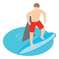 extreem sport icoon isometrische vector. surfer jongen dichtbij stuiten op met haai icoon vector