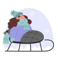 weinig kind rodelen in winter, vlak stijl illustratie vector