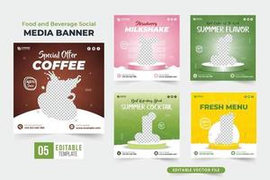 speciaal koffie en fruit cocktail advertentie sjabloon reeks met groen en chocola kleuren. voedsel en drank sociaal media post verzameling. sap bar bedrijf promotionele poster bundel ontwerp. vector