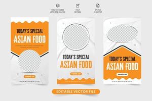 Aziatisch voedsel menu sociaal media verhaal vector met geel en rood kleuren. modern bedrijf promotionele poster ontwerp met foto tijdelijke aanduidingen voor restaurants. Aziatisch voedsel media verhaal sjabloon voor marketing.