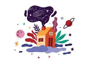 de huis bovenstaand de wolken heeft een fantasievol thema met tropisch bloem fabriek decoraties vector