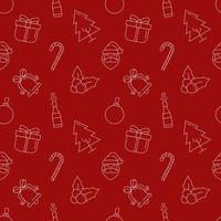 Kerstmis en nieuw jaar concept. naadloos patroon van zoet, Cadeau, boom, giftbox Aan rood achtergrond. perfect voor inpakken, ansichtkaarten, dekt, kleding stof, textiel vector