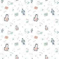 schattig baby ruimte vector naadloos patroon met pinguïns, sterren, raketten en planeten. vector illustratie in gemakkelijk hand- getrokken Scandinavisch stijl. het beste voor baby kinderkamer, kleren, baby douche decor.