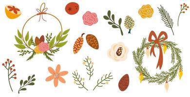 Spar takken, kransen, blad, Kerstmis decoratie. boom takjes, bladeren, bessen, bloemen, natuurlijk decor. Kerstmis bloemen ontwerp elementen set. vector illustratie hand getekend geïsoleerd Aan de wit achtergrond