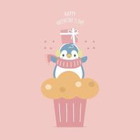 schattig en lief hand- getrokken pinguïn Holding geschenk en koekje met hart, gelukkig Valentijnsdag dag, liefde concept, vlak vector illustratie tekenfilm karakter kostuum ontwerp