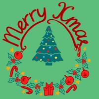 Kerstmis hand- getrokken kaart met Kerstmis boom, geschenken, hulst takken, ballen en sterren. vector geïsoleerd illustratie.