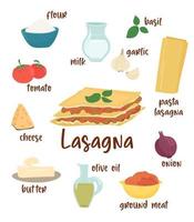 lasagne. illustratie van Italiaans lasagne recept en ingrediënten. vector illustratie voor menu, kookboeken, instagram.