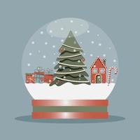 sneeuw wereldbol met Kerstmis boom, peperkoek huis, snoep riet en presenteert dozen. glas sneeuw bal. feestelijk vector illustratie in tekenfilm vlak stijl.
