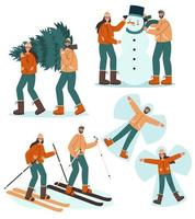 jong paar is verloofd in winter activiteiten. glimlachen Mens en vrouw skiën, draag- Kerstmis boom, maken sneeuw engelen en sneeuwman. winter amusement concept. vector