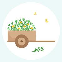 houten tuin kar met bloemen. vector illustratie. samenstelling met planten en vlinders. aanplant en plukken bloemen.