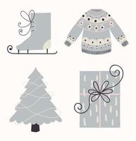 wijnoogst winter vakantie set. schattig ijs vleet, warm gebreid trui, Kerstmis boom en mooi geschenk doos. vector