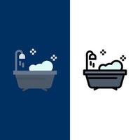badkamer schoon douche pictogrammen vlak en lijn gevulde icoon reeks vector blauw achtergrond