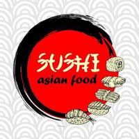 sushi winkel. Japans voedsel. sushi en broodjes. Zalm, garnaal, kaviaar, noch ik zeewier, avocado, rijst. kader grens. tekenfilm afdrukken. belettering poster - menu. vector