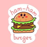 schattig hamburger sticker. kawaii snel voedsel. tekening met tekst. sticker met wit contour voor planner, scrapbooken. hand- getrokken kleurrijk vector illustratie.