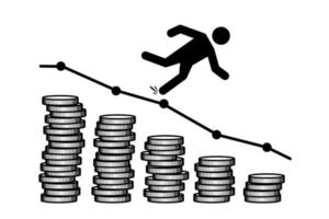 economisch Botsing, investeren mislukking, prijs druppel, recessie. zakenman investeerder uitglijden Aan economie diagram vallen naar beneden naar de verdieping vector