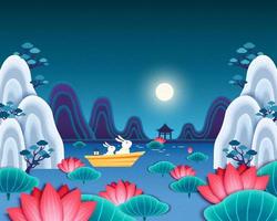 konijn bewonderend de vol maan in Chinese lotus tuin, midden herfst festival illustratie vector