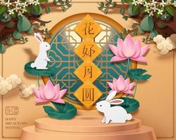 papier kunst konijnen blijven in de omgeving van de Chinese venster kader en lotus, bloeiend bloemen en vol maan geschreven in Chinese woorden Aan voorjaar coupletten vector