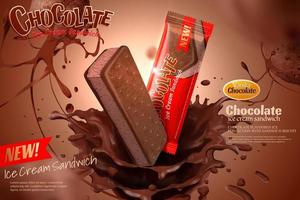 chocola ijs room advertenties met wervelende saus Aan bruin achtergrond in 3d illustratie vector